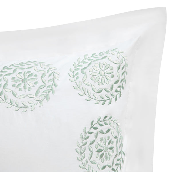 Elodie White & Seafoam Green Floral Embroidered 300 Thread Count Cotton Percale King Size Oxford Pillowcases - Pair