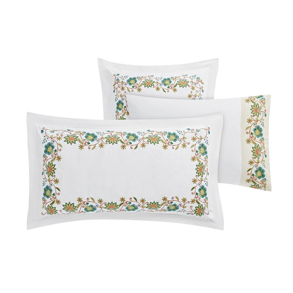 Flora & Fauna White Jacobean Floral Embroidered 300 Thread Count Cotton Percale King Size Oxford Pillowcases - Pair