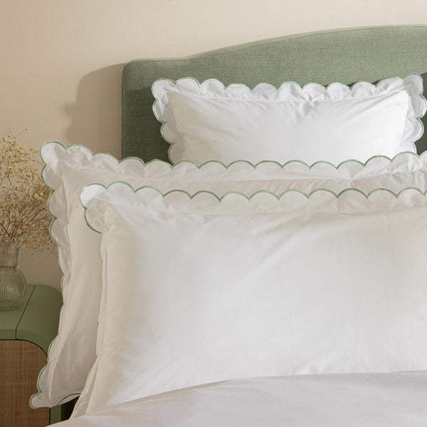 Margot Pistachio Green Embroidered Scallop 300 Thread Count Cotton Percale Pillowcases - Pair