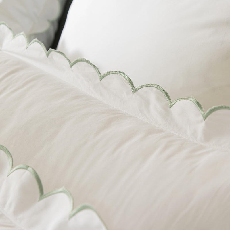Margot Pistachio Green Embroidered Scallop 300 Thread Count Cotton Percale Pillowcases - Pair