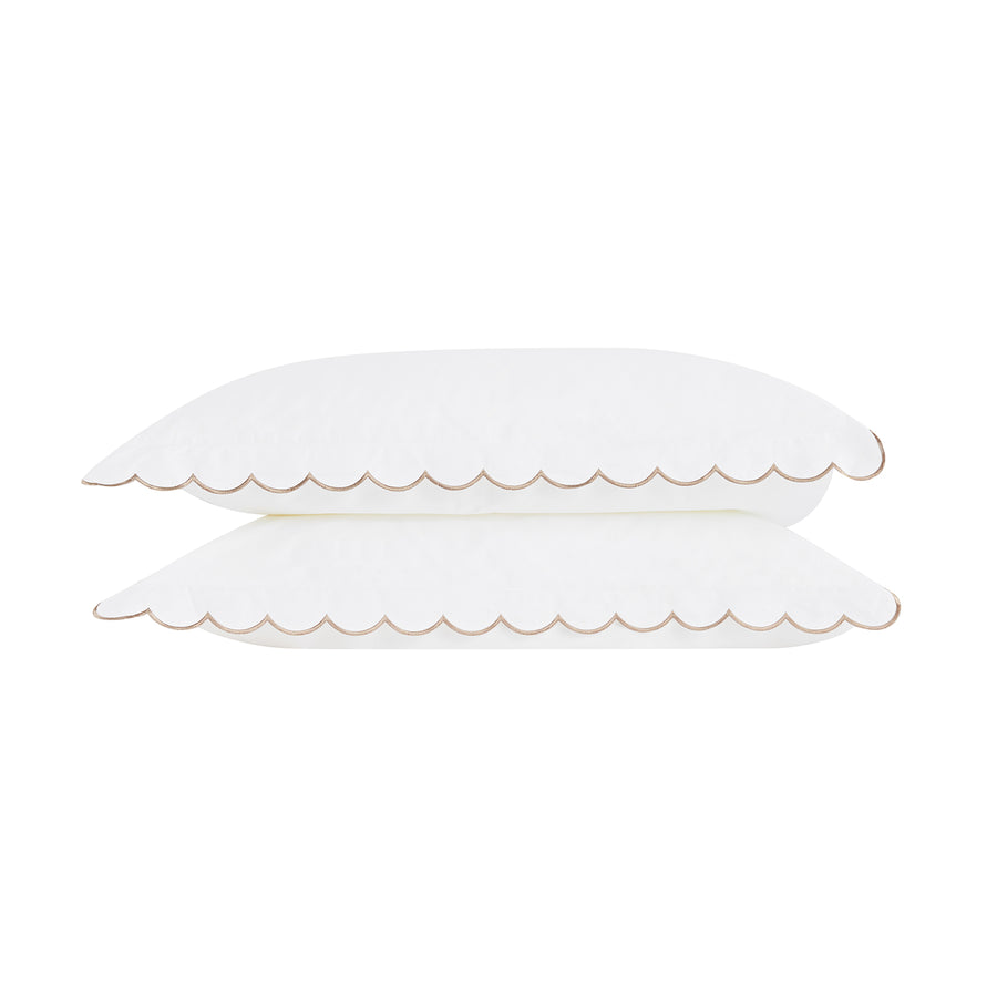 Margot Taupe Embroidered Scallop 300 Thread Count Cotton Percale Pillowcases - Pair