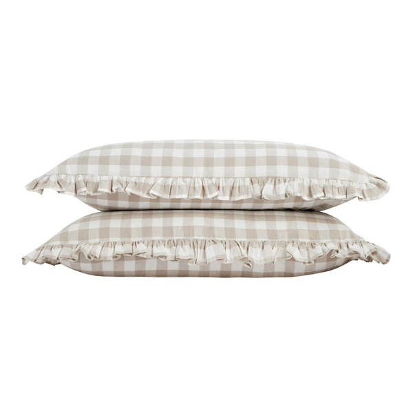 Matilda Beige Gingham Ruffle Linen Blend Pillowcases - Pair