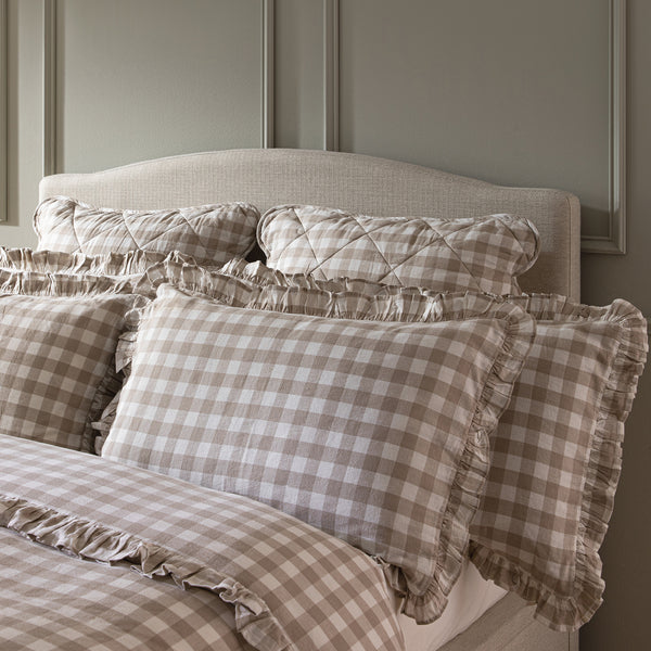 Matilda Beige Gingham Ruffle Linen Blend Pillowcases - Pair