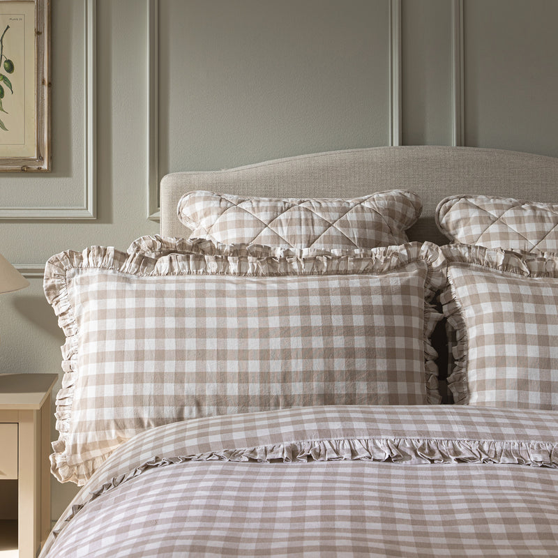Matilda Beige Gingham Ruffle Linen Blend Pillowcases - Pair