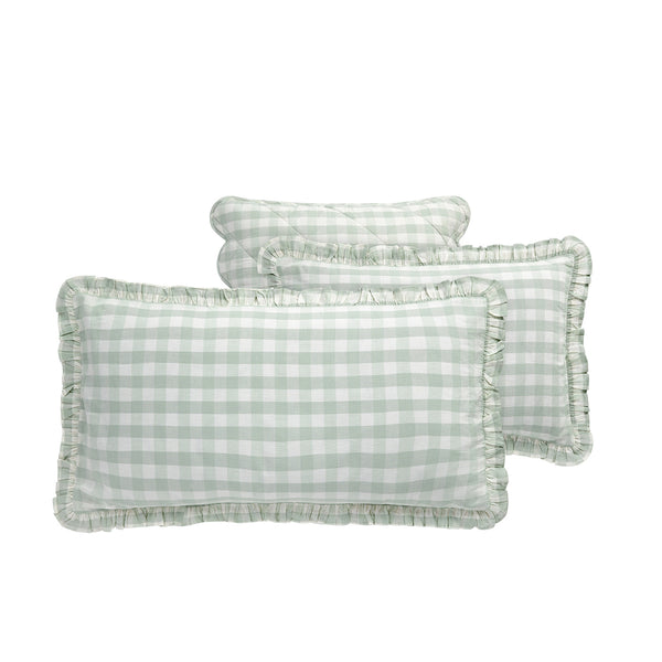 Matilda Sage Green Gingham Ruffle Linen Blend Pillowcases - Pair
