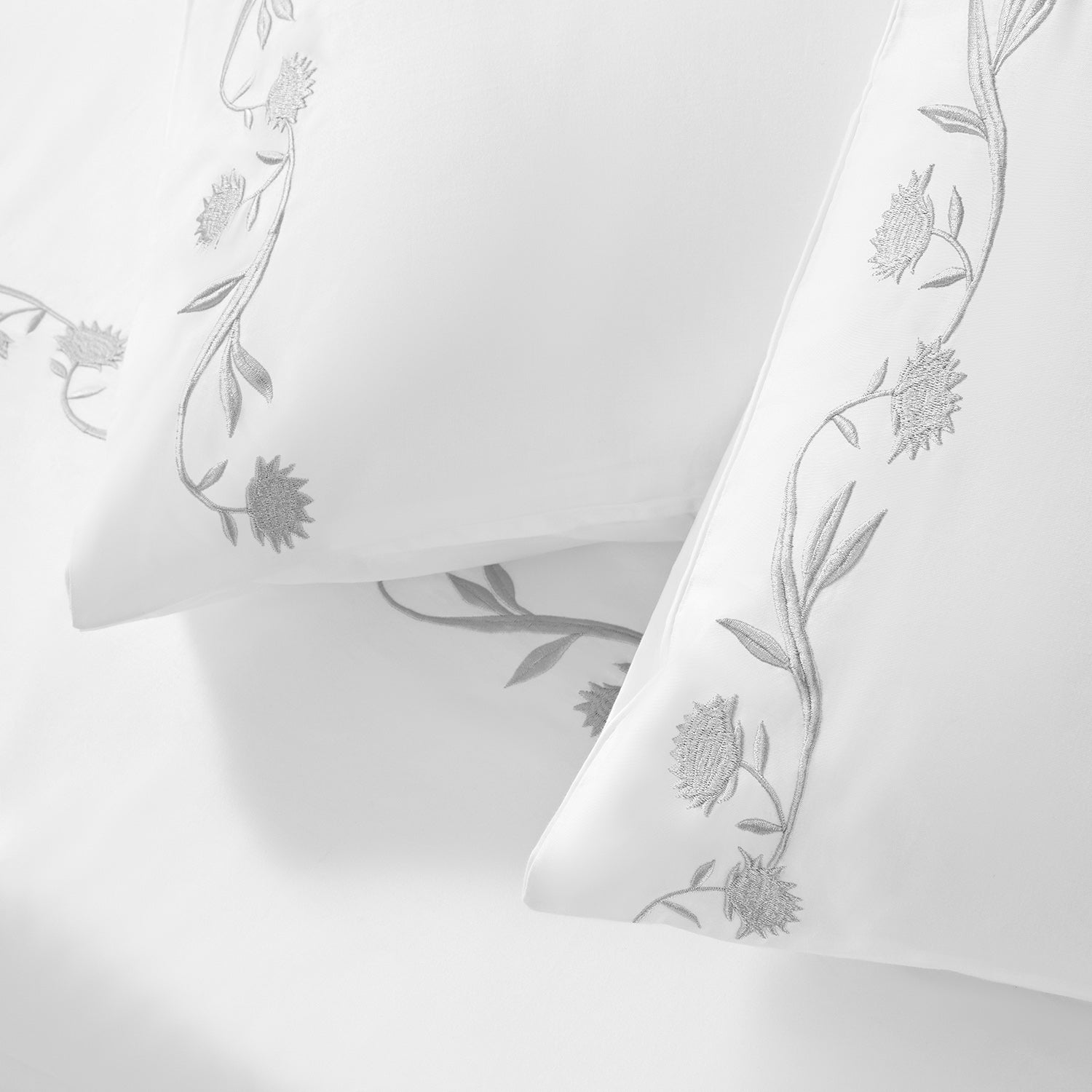 Adeline Moonshine Grey Floral Embroidered 600 Thread Count Cotton Sateen Regular Pillowcases - Pair