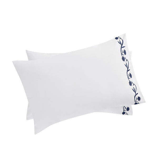 Adeline Midnight Blue Floral Embroidered 600 Thread Count Cotton Sateen Regular Pillowcases - Pair