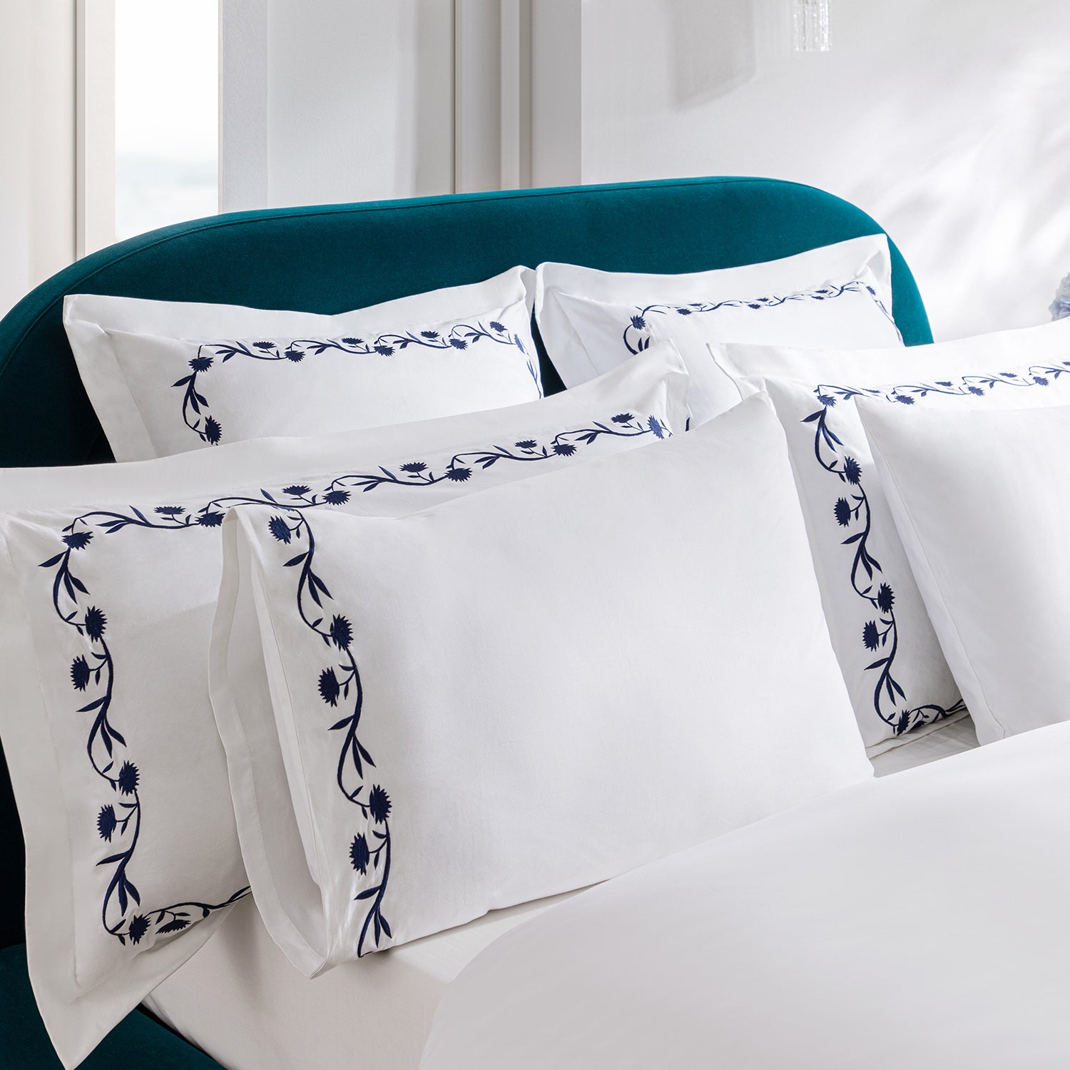 Adeline Midnight Blue Floral Embroidered 600 Thread Count Cotton Sateen Regular Pillowcases - Pair