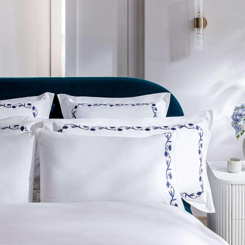 Adeline Midnight Blue Floral Embroidered 600 Thread Count Cotton Sateen Regular Pillowcases - Pair