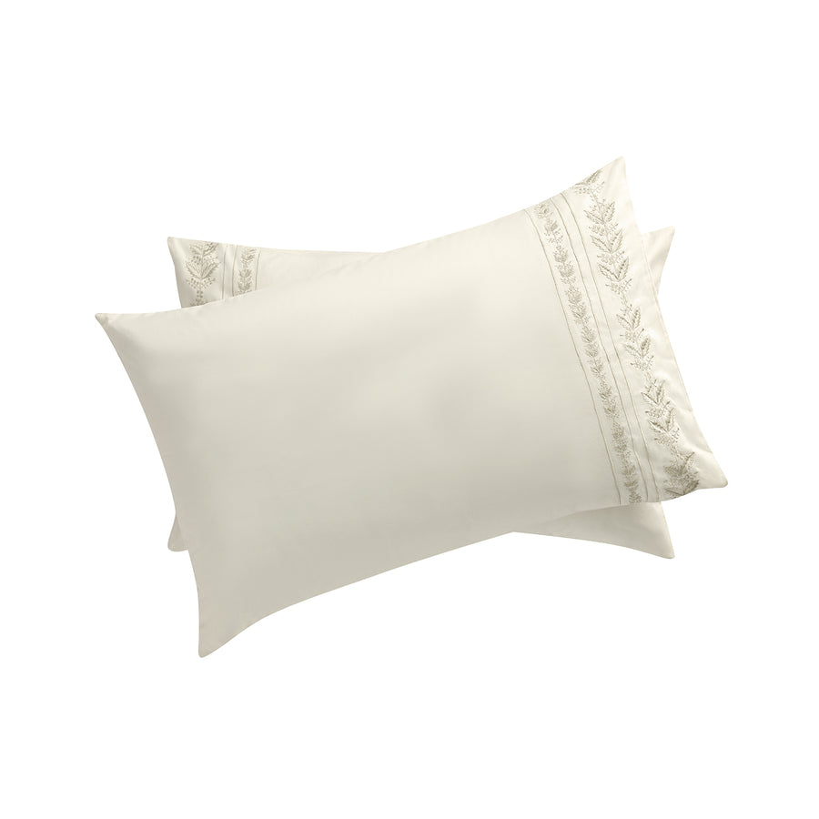 Gabrielle Ivory Leaf Embroidered 600 Thread Count Cotton Sateen Regular Pillowcases - Pair