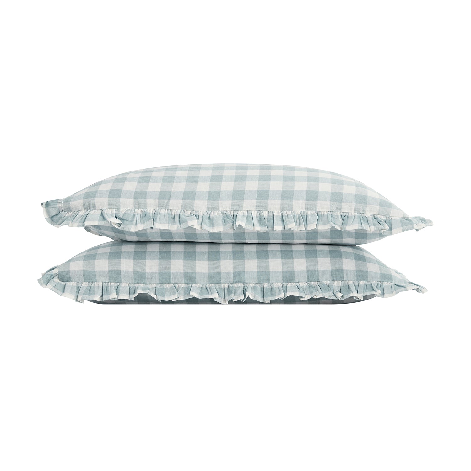 Matilda Blue Gingham Ruffle Linen Blend Pillowcases - Pair