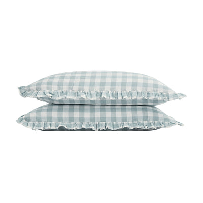 Matilda Blue Gingham Ruffle Linen Blend Pillowcases - Pair
