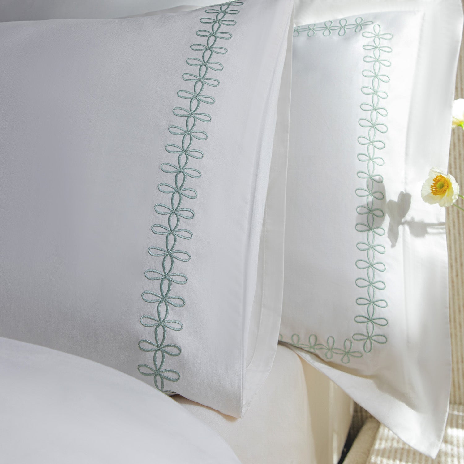 Milano Sea Spray Green Knot Embroidered 600 Thread Count Cotton Sateen Regular Pillowcases - Pair