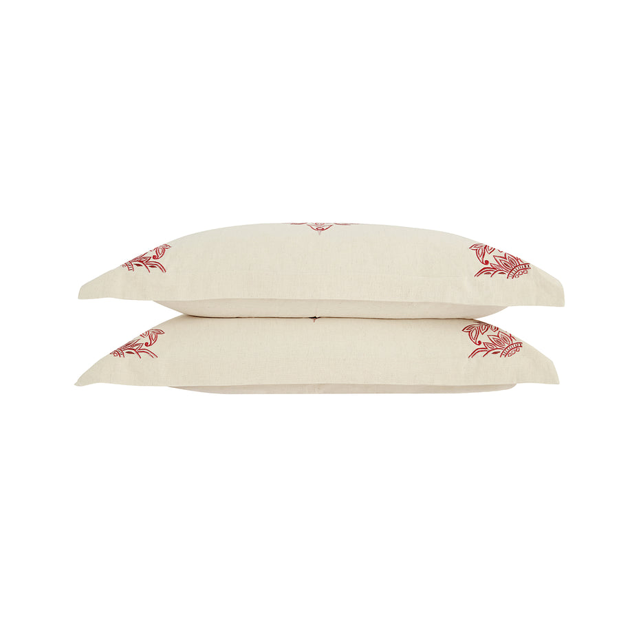 Isadora Garnet Red Damask Embroidered Linen Blend Regular Pillowcases - Pair