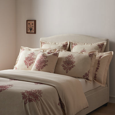 Isadora Garnet Red Damask Embroidered Linen Blend Regular Pillowcases - Pair