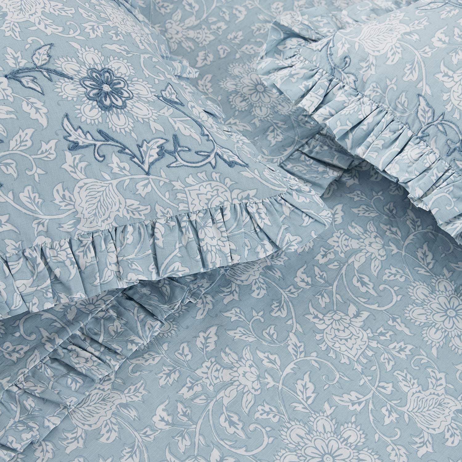 Jaipur Serenity Sky Blue Ruffle 210 Thread Count Cotton Percale Pillowcases - Pair