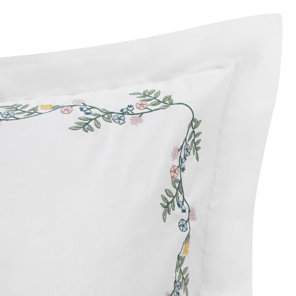 Meadow White Floral Embroidered 300 Thread Count Cotton Percale Regular Oxford Pillowcases - Pair