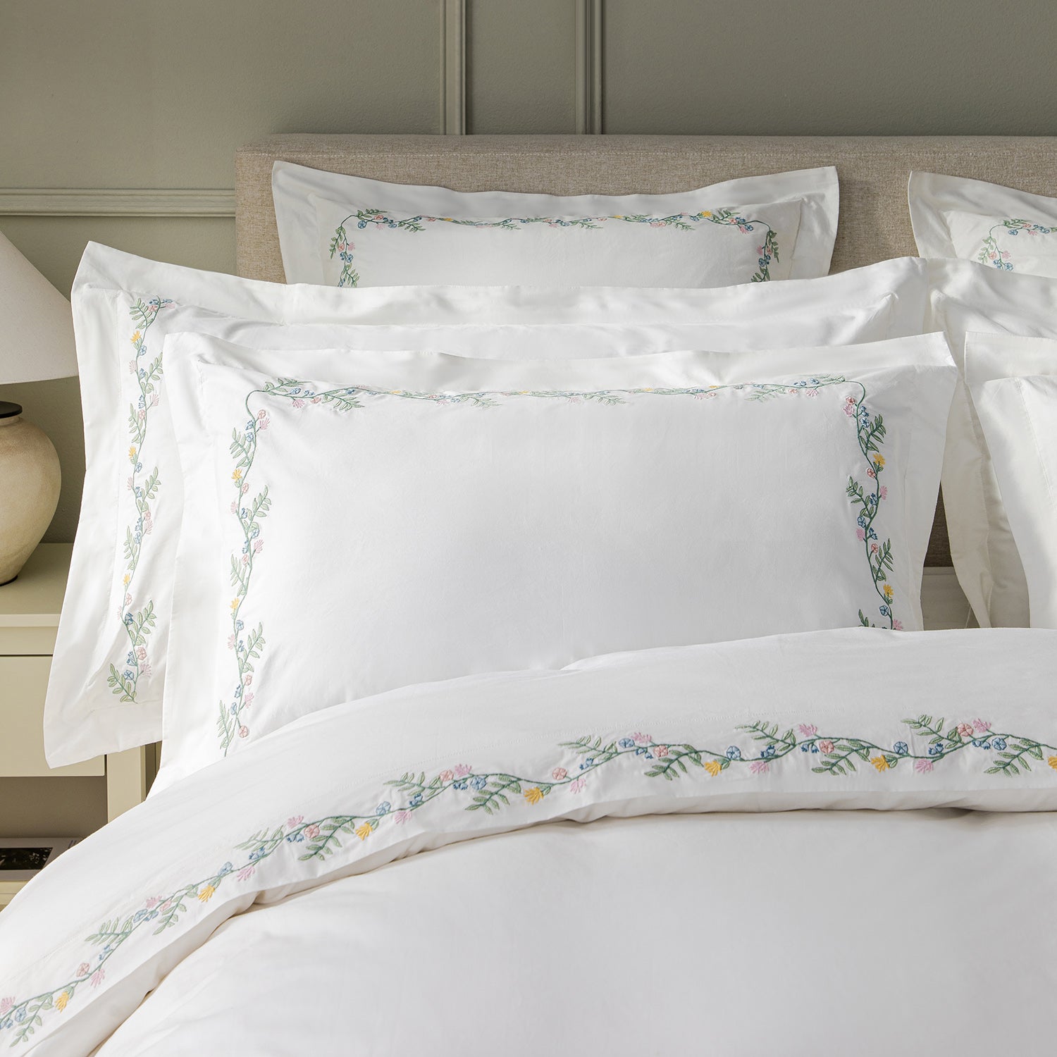 Meadow White Floral Embroidered 300 Thread Count Cotton Percale Regular Oxford Pillowcases - Pair