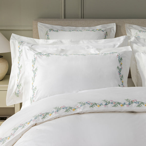 Meadow White Floral Embroidered 300 Thread Count Cotton Percale Regular Oxford Pillowcases - Pair