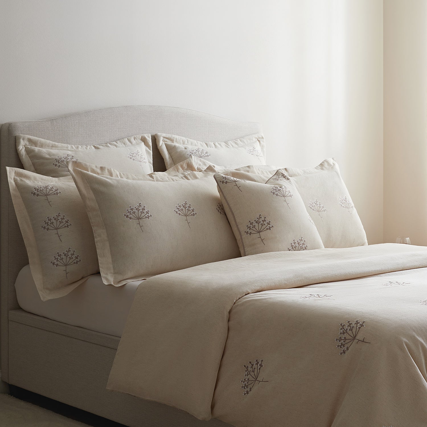 Meadow Cream Sprig Embroidered Linen Blend Regular Oxford Pillowcases - Pair