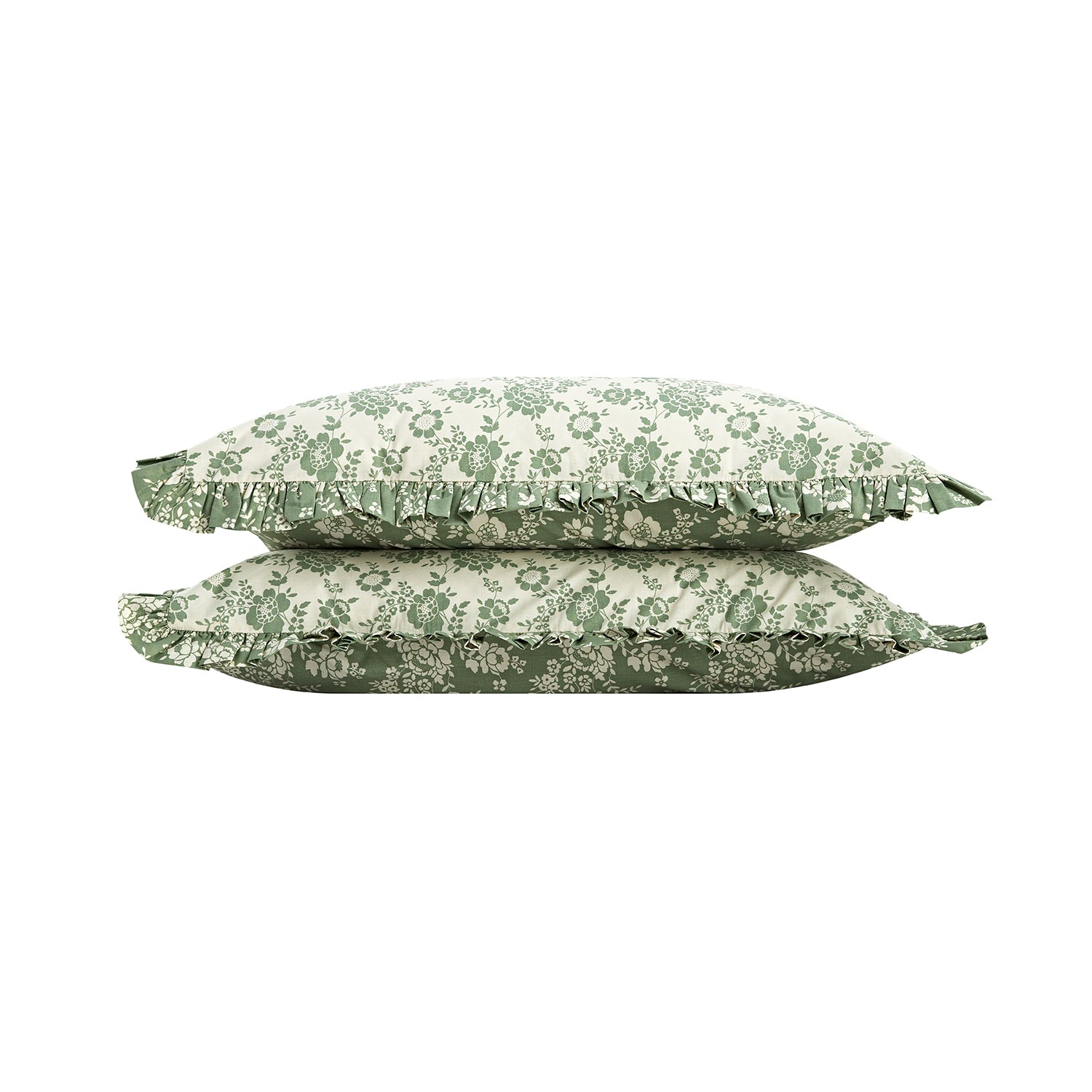Willow Sage Green & Ivory Floral Ruffle Reversible 210 Thread Count Cotton Percale Pillowcases - Pair