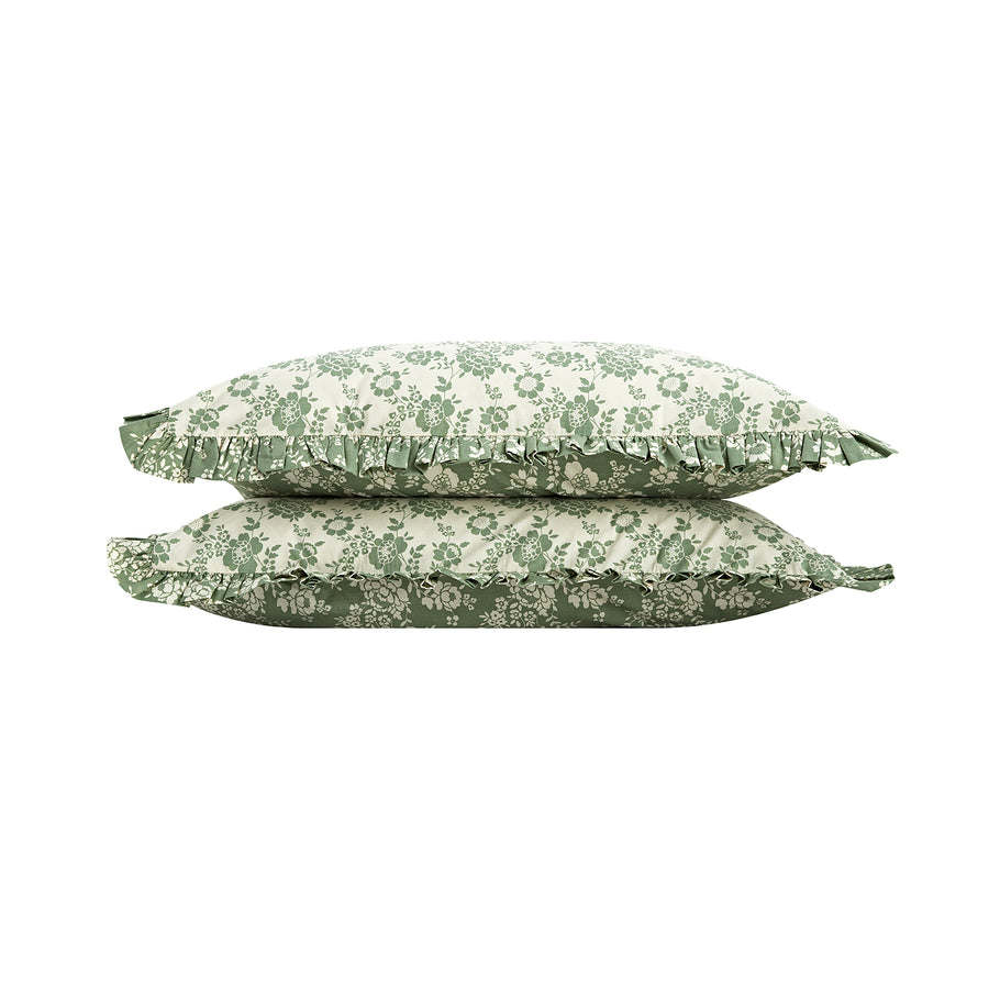 Willow Sage Green & Ivory Floral Ruffle Reversible 210 Thread Count Cotton Percale Pillowcases - Pair