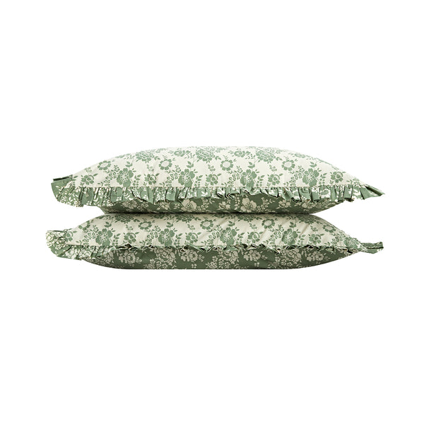 Willow Sage Green & Ivory Floral Ruffle Reversible 210 Thread Count Cotton Percale Pillowcases - Pair - daals