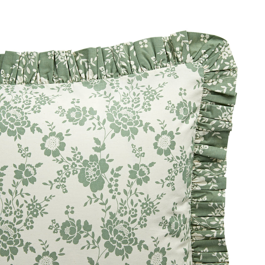 Willow Sage Green & Ivory Floral Ruffle Reversible 210 Thread Count Cotton Percale Pillowcases - Pair