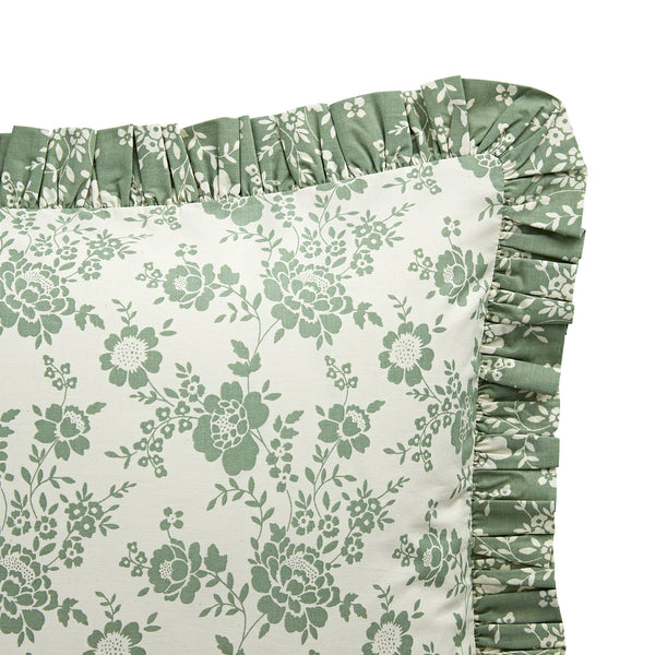 Willow Sage Green & Ivory Floral Ruffle Reversible 210 Thread Count Cotton Percale Pillowcases - Pair - daals