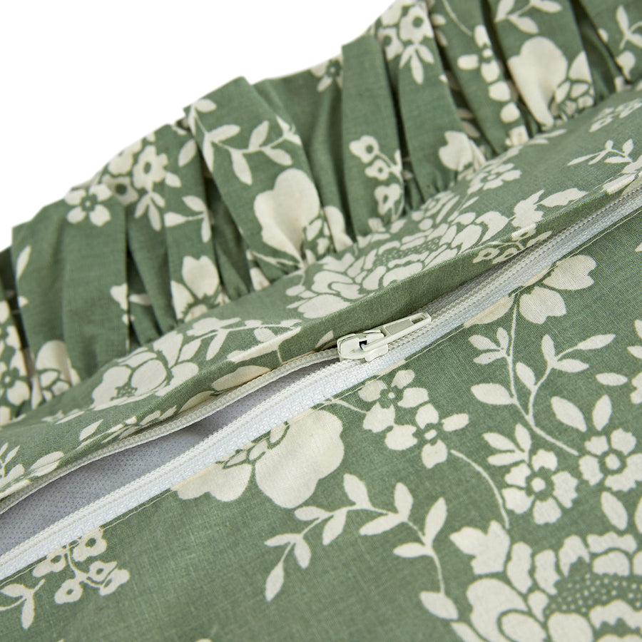 Willow Sage Green & Ivory Floral Ruffle Reversible 210 Thread Count Cotton Percale Pillowcases - Pair