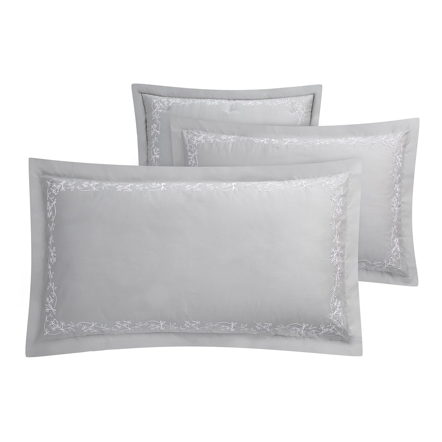 Valentina Grey Floral Embroidered 600 Thread Count Cotton Sateen Oxford Pillowcases - Pair