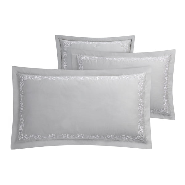 Valentina Grey Floral Embroidered 600 Thread Count Cotton Sateen Oxford Pillowcases - Pair