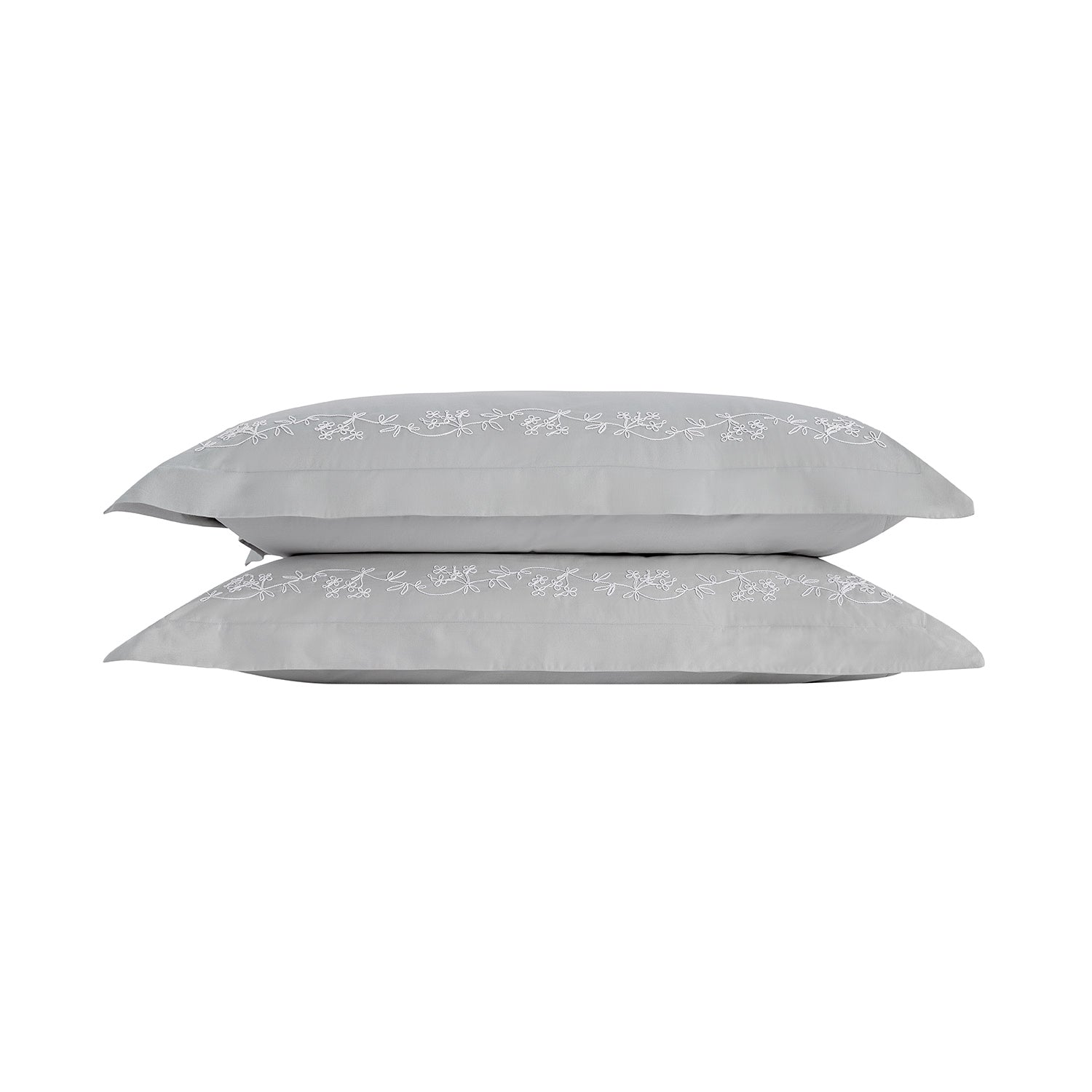 Valentina Grey Floral Embroidered 600 Thread Count Cotton Sateen Oxford Pillowcases - Pair