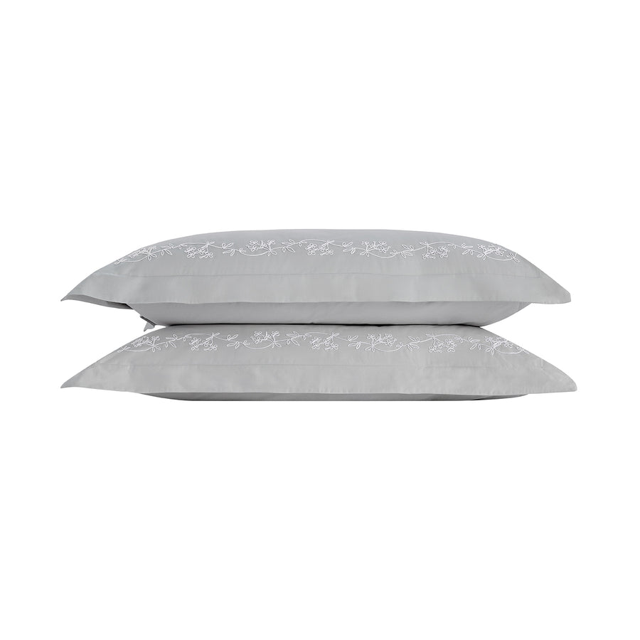 Valentina Grey Floral Embroidered 600 Thread Count Cotton Sateen Oxford Pillowcases - Pair