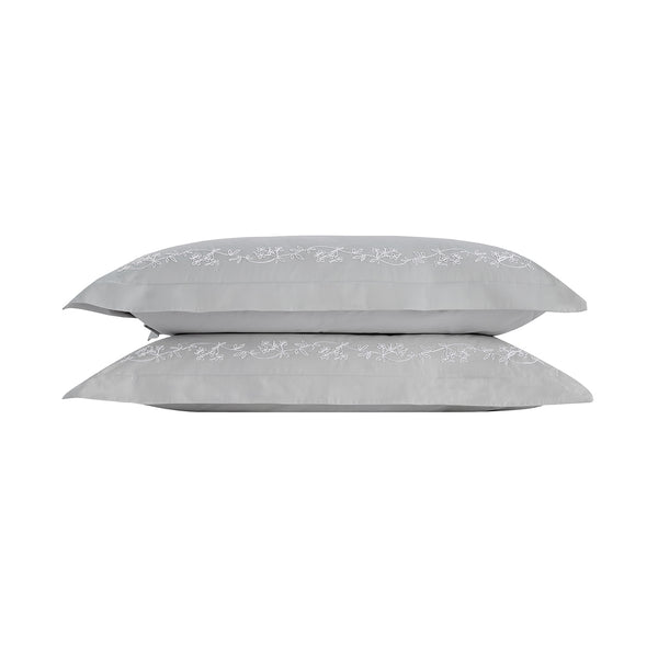 Valentina Grey Floral Embroidered 600 Thread Count Cotton Sateen Oxford Pillowcases - Pair