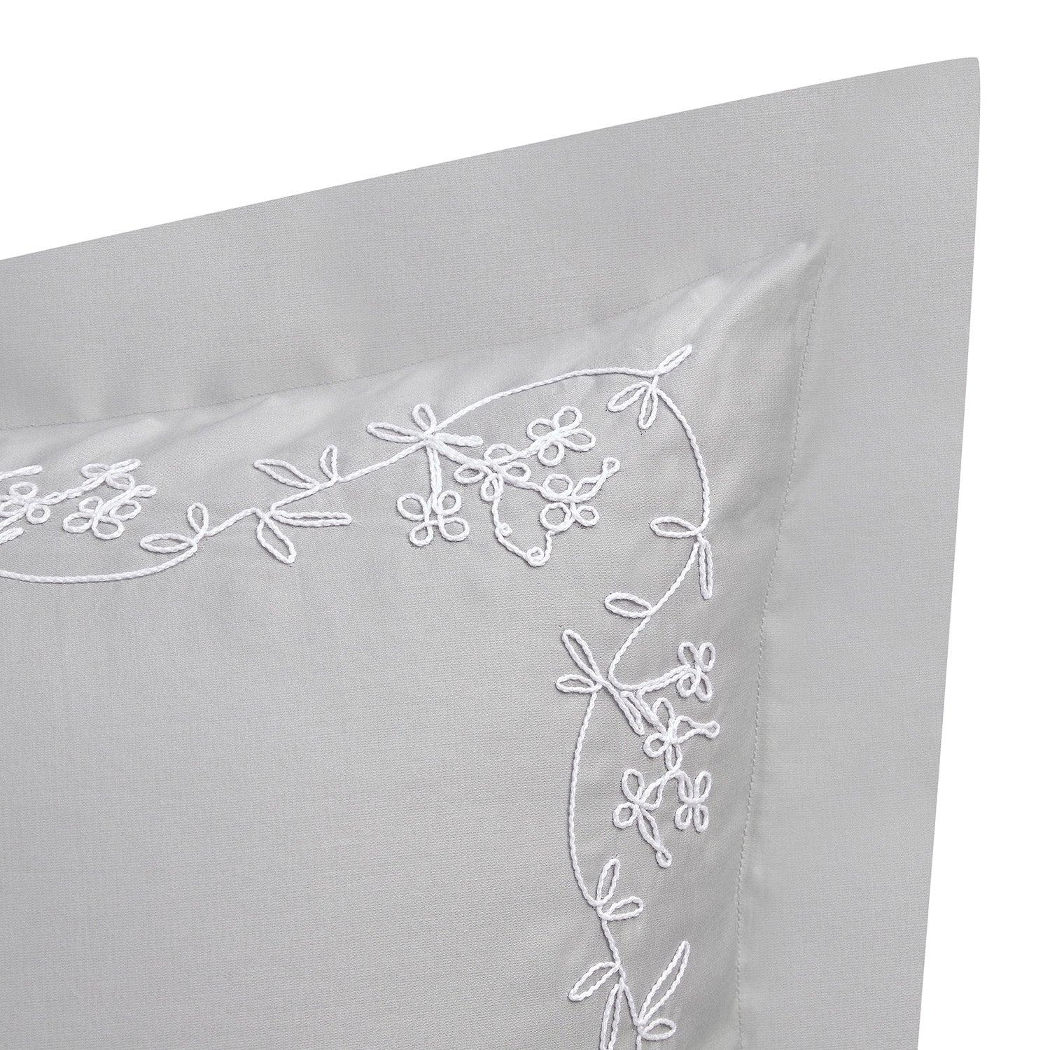 Valentina Grey Floral Embroidered 600 Thread Count Cotton Sateen Oxford Pillowcases - Pair