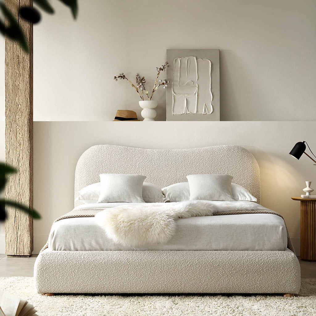Egerie Curved Headboard Beige Boucle Ottoman Storage Bed daals
