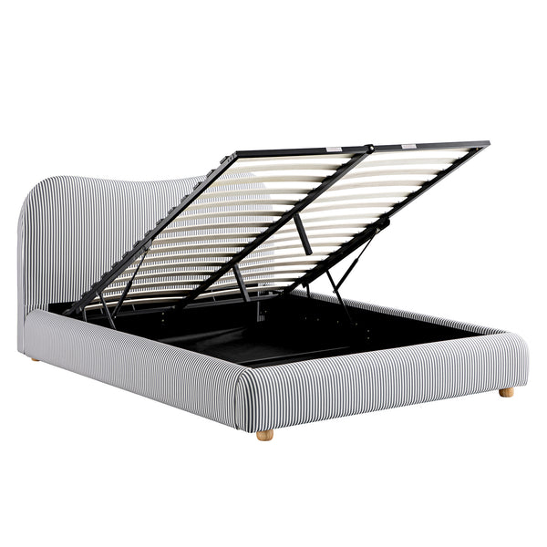 Egerie Curved Headboard Slate Blue Striped Fabric Ottoman Storage Bed