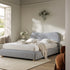 Egerie Curved Headboard Slate Blue Striped Fabric Ottoman Storage Bed - daals