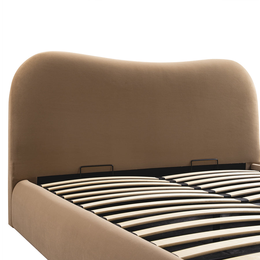Egerie Curved Headboard Camel Velvet Ottoman Storage Bed - daals