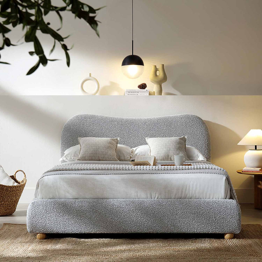 Egerie Curved Headboard Mist Grey Boucle Ottoman Storage Bed