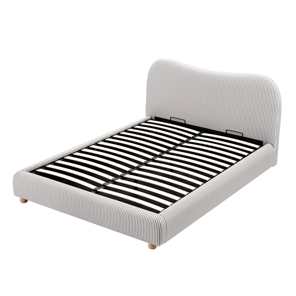 Egerie Curved Headboard Light Taupe Striped Fabric Ottoman Storage Bed