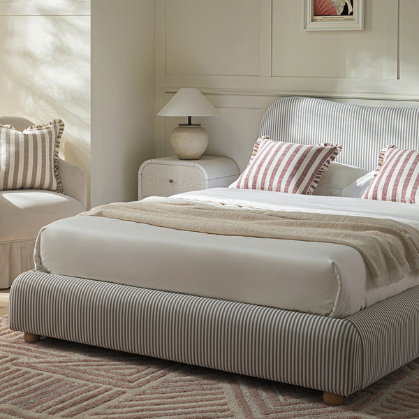 Egerie Curved Headboard Light Taupe Striped Fabric Ottoman Storage Bed