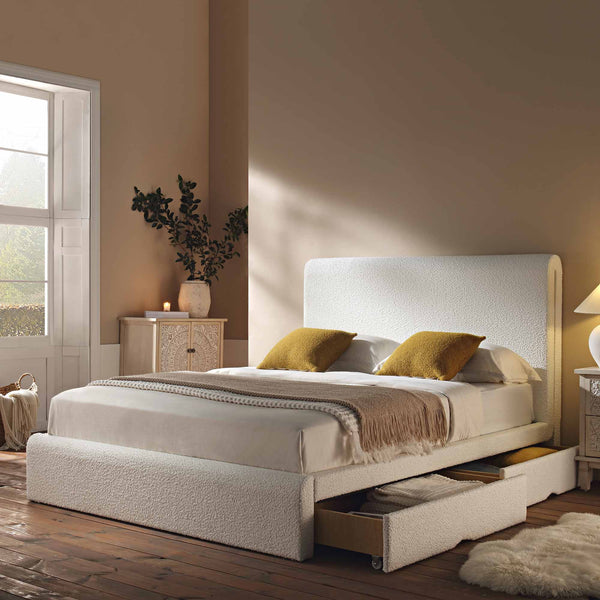 Hampstead Ecru Boucle Curved Bed with 4 - Drawer Storage - daals