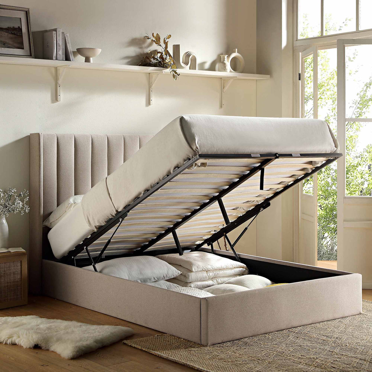 Wilton Warm Stone Fabric Ottoman Storage Bed | daals