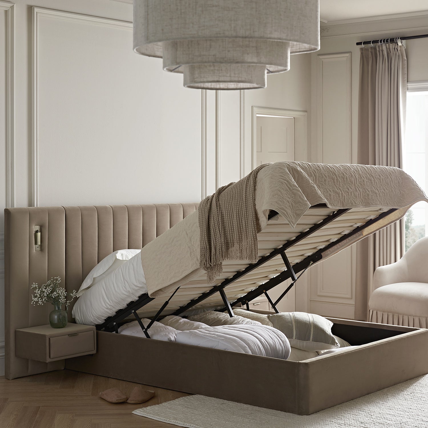Tremezzo Oversized Ottoman Storage Bed, Taupe Velvet
