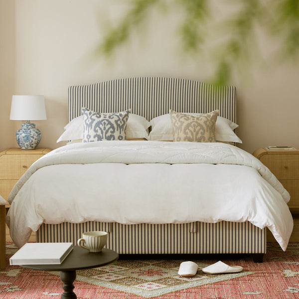 Chilworth Upholstered Ottoman Storage Bed, Blue Stripe Linen Blend