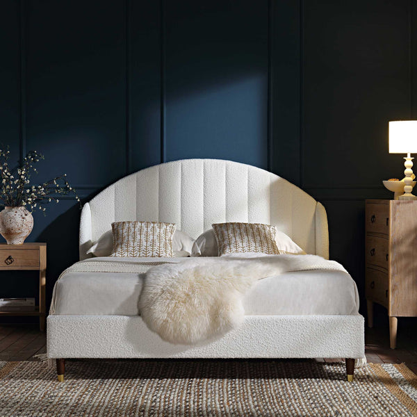 Eleanor White Boucle Upholstered Bed Frame with Domed Headboard