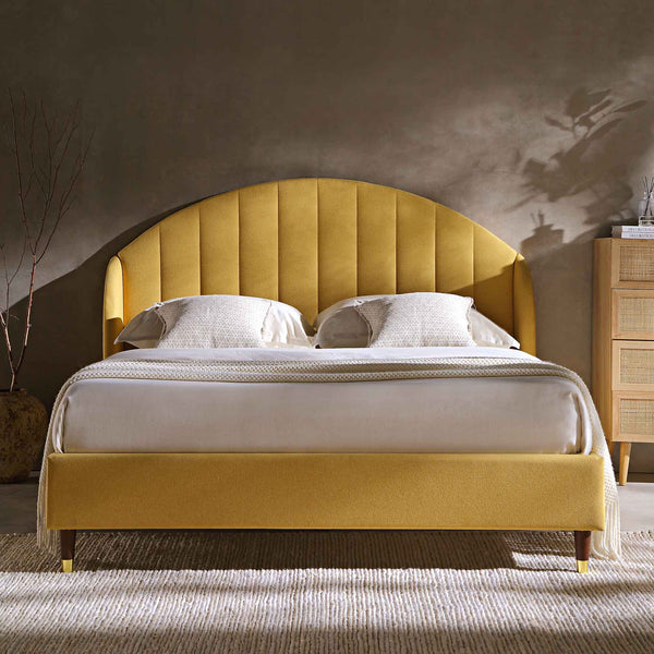Eleanor Sunflower Yellow Fabric Upholstered Bed Frame with Domed Headboard - daals