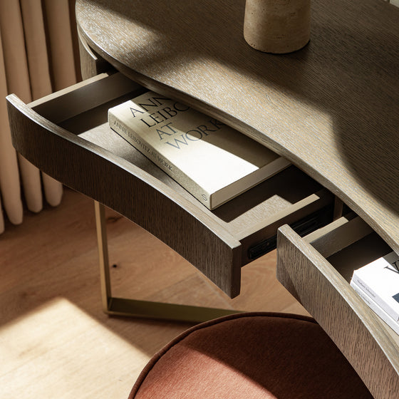 Gramercy Curved-Front 2-Drawer Console Table, Smoked Grey Oak